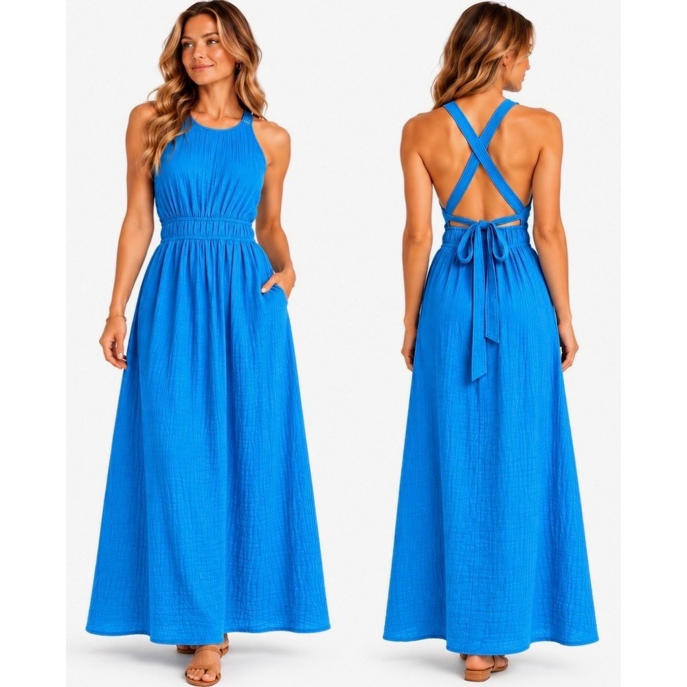 Xirena Sienna Gauzy Open Back Maxi Dress Womens Size S Azure Blue Coastal Boho